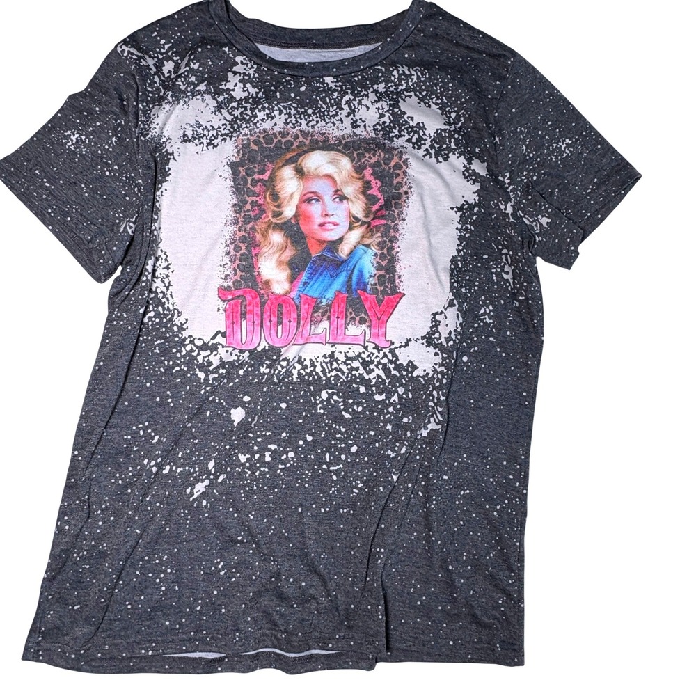L Dolly Parton Graphic Tee Gray Bleached Splatter Shirt Music rip